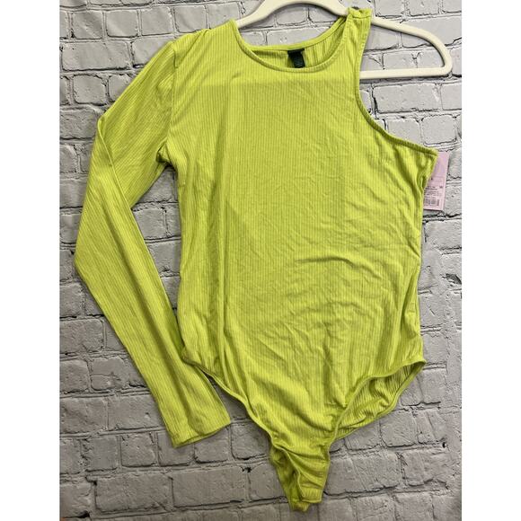 Wild Fable  Asymmetrical One Sleeve Bodysuit - Lime Green Women's Large - Picture 3 of 5